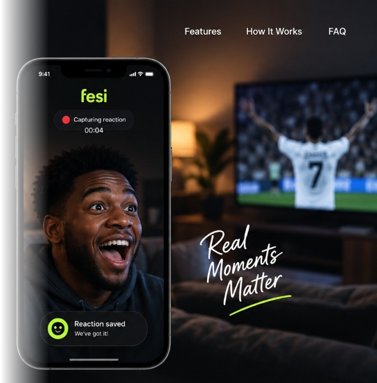 Fesi Phone Mockup capturing user reaction with TV in background and Real Moments Matter script